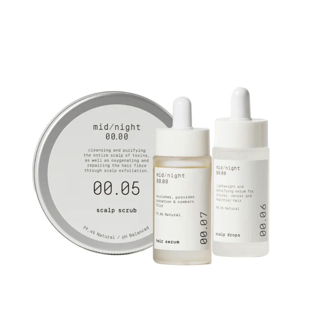 Rinkinys galvos odai ir plaukų atkūrimui nuo šaknų iki galiukų | MID/NIGHT 00.00 | MISIJA ODA